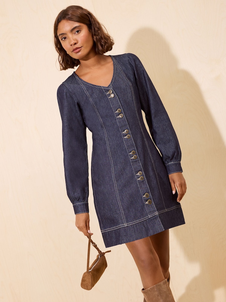 Friends Like These Rinse Wash V-Neck Puff Sleeved Denim Mini Dress - Image 1 of 5