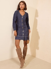 Friends Like These Rinse Wash V-Neck Puff Sleeved Denim Mini Dress - Image 2 of 5