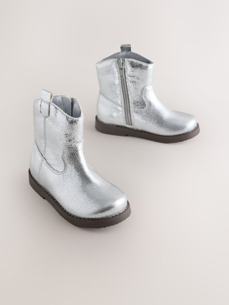 Silver Metallic Standard Fit (F) Western Ankle Boots - Image 1 of 5 Silver Metallic Standard Fit (F) Western Ankle Boots - Image 1 of 5