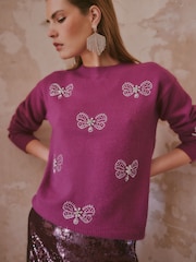 Love & Roses X V&A Pink Crew Neck Embellished Butterfly Detail Knitted Jumper - Image 1 of 4