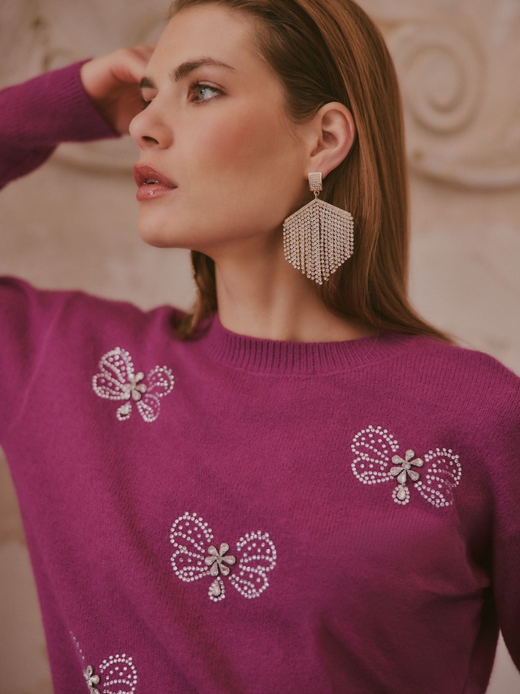 Love & Roses X V&A Pink Crew Neck Embellished Butterfly Detail Knitted Jumper - Image 2 of 4