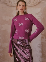 Love & Roses X V&A Pink Crew Neck Embellished Butterfly Detail Knitted Jumper - Image 4 of 4