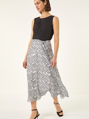 Roman Black Pleat Neck Contrast Print Midi Dress - Image 1 of 5