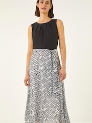 Roman Black Pleat Neck Contrast Print Midi Dress - Image 2 of 5