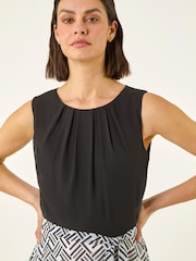 Roman Black Pleat Neck Contrast Print Midi Dress - Image 4 of 5