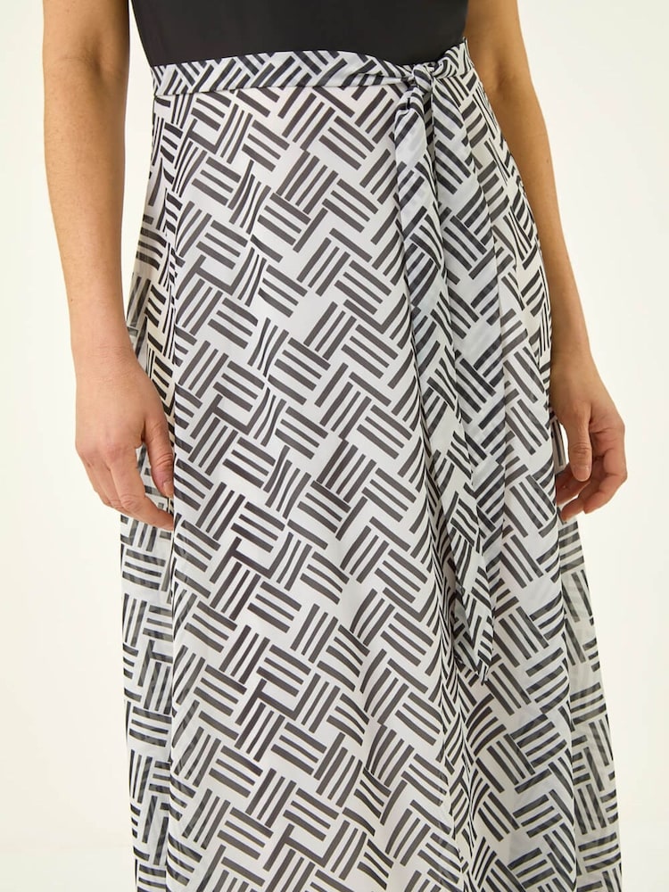 Roman Black Pleat Neck Contrast Print Midi Dress - Image 5 of 5