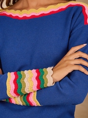 Love & Roses Blue Striped Detail Boat Neck Knitted Jumper - Image 2 of 4