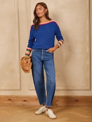 Love & Roses Blue Striped Detail Boat Neck Knitted Jumper - Image 3 of 4