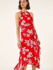 Roman Red Floral Print Frill Wrap Midi Dress - Image 1 of 5