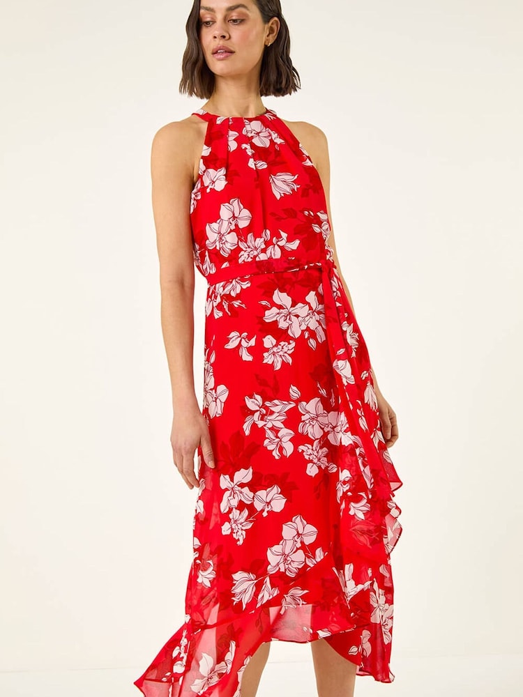 Roman Red Floral Print Frill Wrap Midi Dress - Image 1 of 5 Roman Red Floral Print Frill Wrap Midi Dress - Image 1 of 5