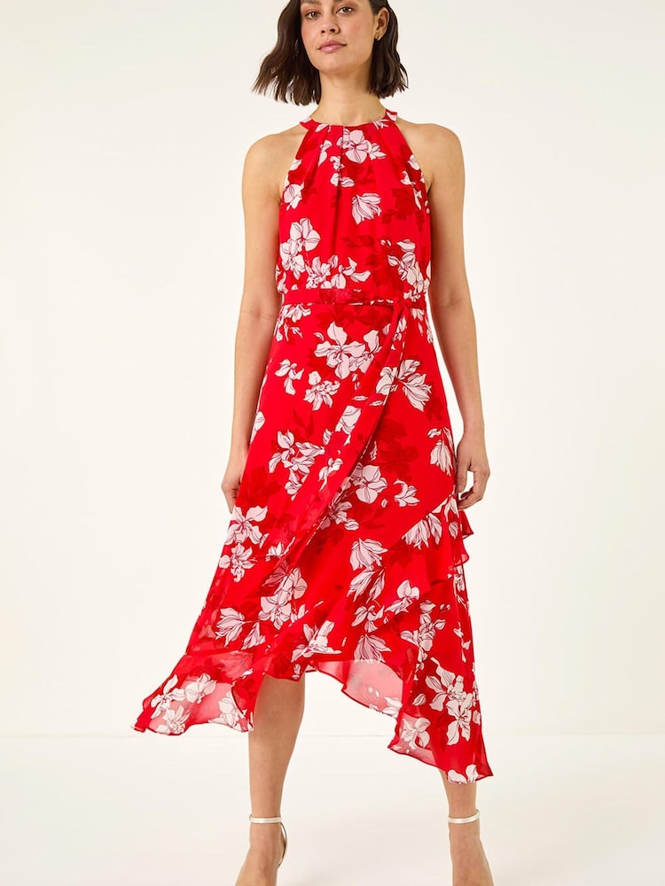 Roman Red Floral Print Frill Wrap Midi Dress - Image 2 of 5 Roman Red Floral Print Frill Wrap Midi Dress - Image 2 of 5