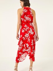 Roman Red Floral Print Frill Wrap Midi Dress - Image 3 of 5