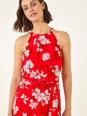 Roman Red Floral Print Frill Wrap Midi Dress - Image 4 of 5