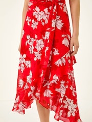 Roman Red Floral Print Frill Wrap Midi Dress - Image 5 of 5