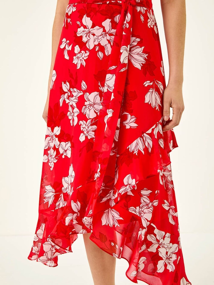Roman Red Floral Print Frill Wrap Midi Dress - Image 6 of 6 Roman Red Floral Print Frill Wrap Midi Dress - Image 6 of 6