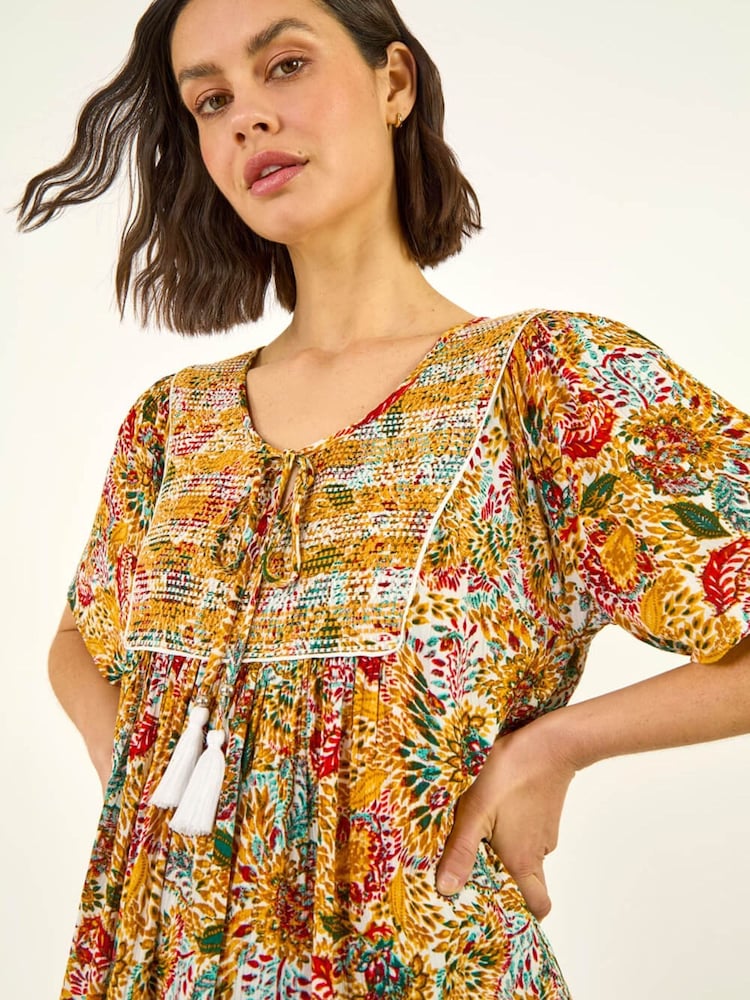 Roman Yellow Floral Textured Stitch Tunic Top - Image 1 of 5