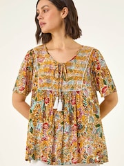 Roman Yellow Floral Textured Stitch Tunic Top - Image 2 of 5