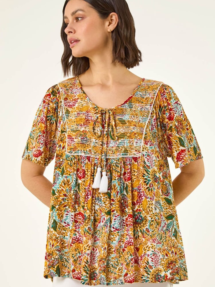 Roman Yellow Floral Textured Stitch Tunic Top - Image 2 of 5