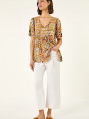 Roman Yellow Floral Textured Stitch Tunic Top - Image 3 of 5