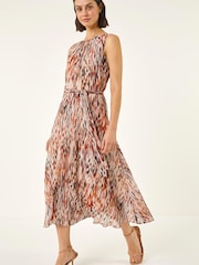 Roman Brown Animal Print Chiffon Pleat Neck Midi Dress - Image 1 of 5