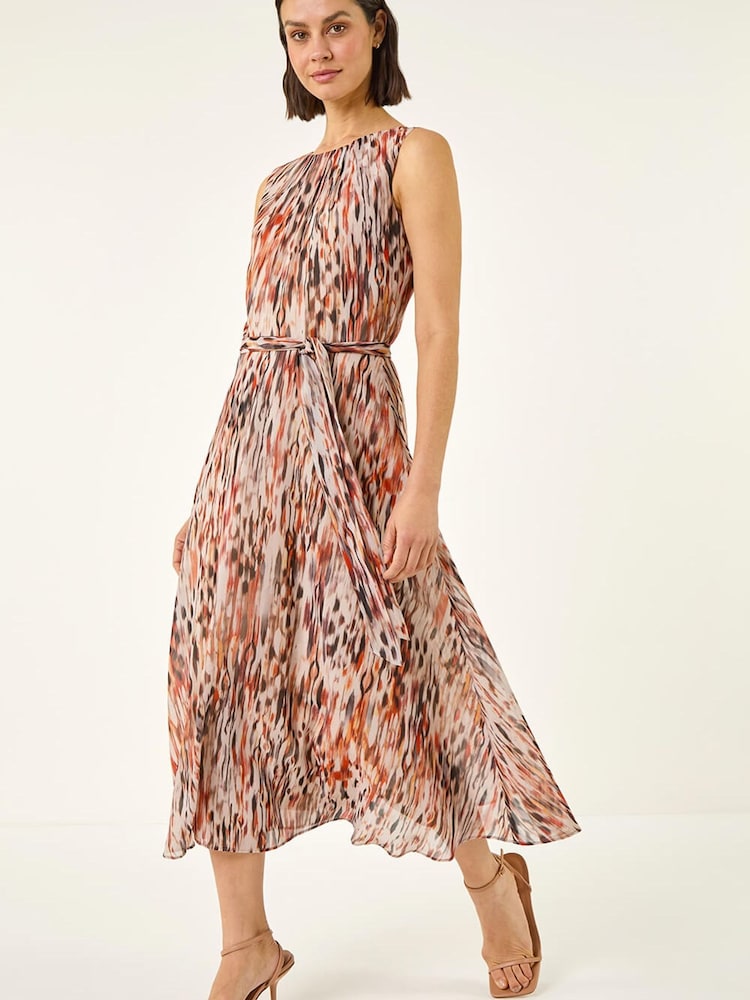 Roman Brown Animal Print Chiffon Pleat Neck Midi Dress - Image 1 of 5