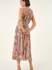 Roman Brown Animal Print Chiffon Pleat Neck Midi Dress - Image 2 of 5