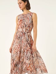 Roman Brown Animal Print Chiffon Pleat Neck Midi Dress - Image 3 of 5