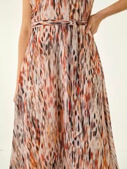 Roman Brown Animal Print Chiffon Pleat Neck Midi Dress - Image 5 of 5