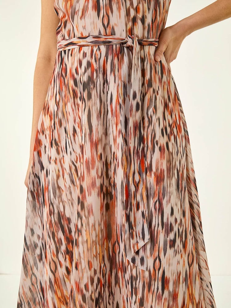 Roman Brown Animal Print Chiffon Pleat Neck Midi Dress - Image 5 of 5