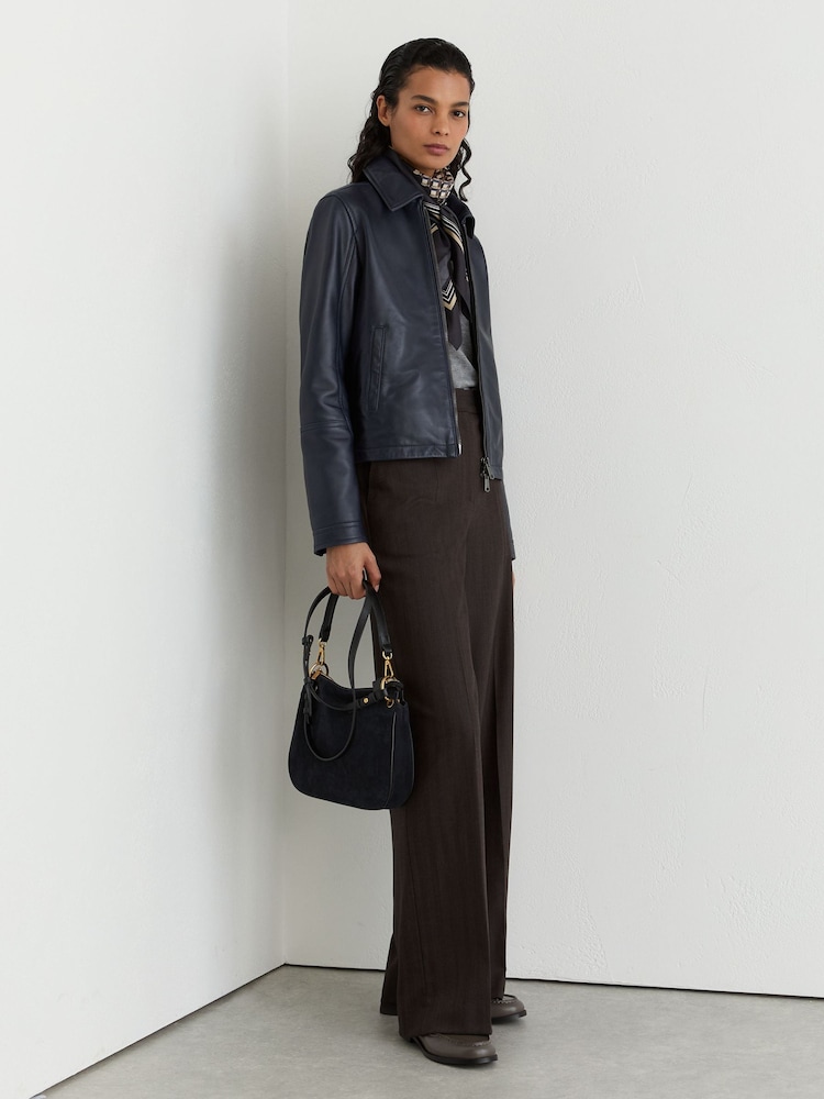 Reiss Ink Blue Sorina Petite Leather Zip-Through Moto Jacket - Image 1 of 10 Reiss Ink Blue Sorina Petite Leather Zip-Through Moto Jacket - Image 1 of 10