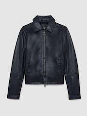Reiss Ink Blue Sorina Petite Leather Zip-Through Moto Jacket - Image 2 of 10