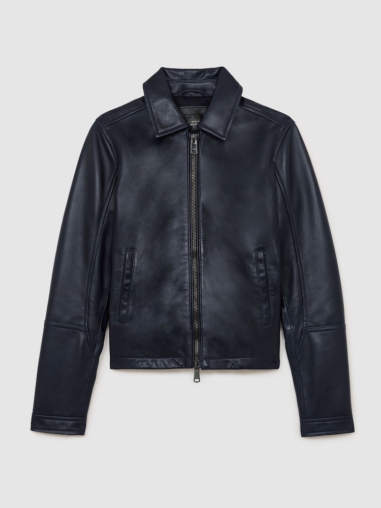 Reiss Ink Blue Sorina Petite Leather Zip-Through Moto Jacket - Image 2 of 10 Reiss Ink Blue Sorina Petite Leather Zip-Through Moto Jacket - Image 2 of 10