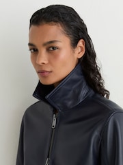 Reiss Ink Blue Sorina Petite Leather Zip-Through Moto Jacket - Image 3 of 10