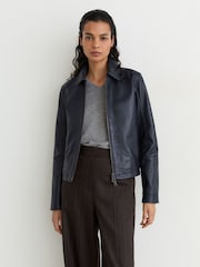 Reiss Ink Blue Sorina Petite Leather Zip-Through Moto Jacket - Image 7 of 10