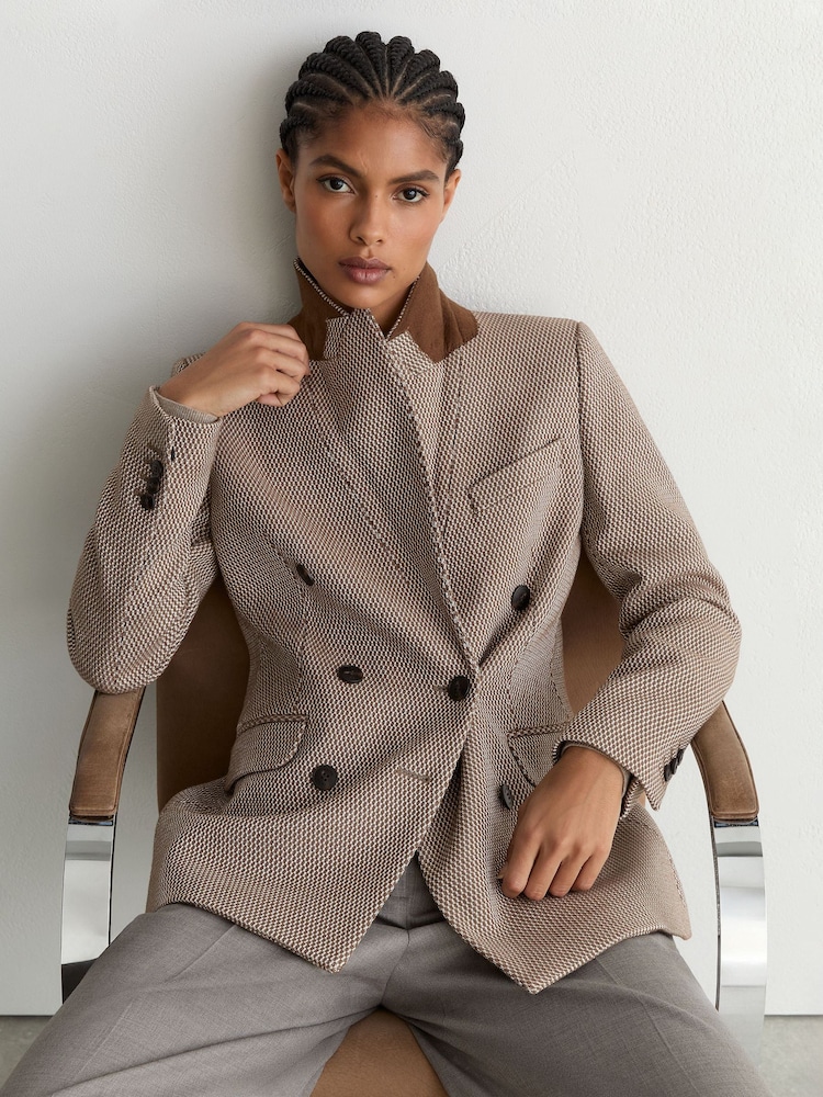 Reiss Taupe Neutral Aubrey Petite Wool-Blend Textured Double-Breasted Blazer - Image 1 of 9