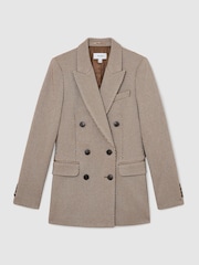Reiss Taupe Neutral Aubrey Petite Wool-Blend Textured Double-Breasted Blazer - Image 2 of 9
