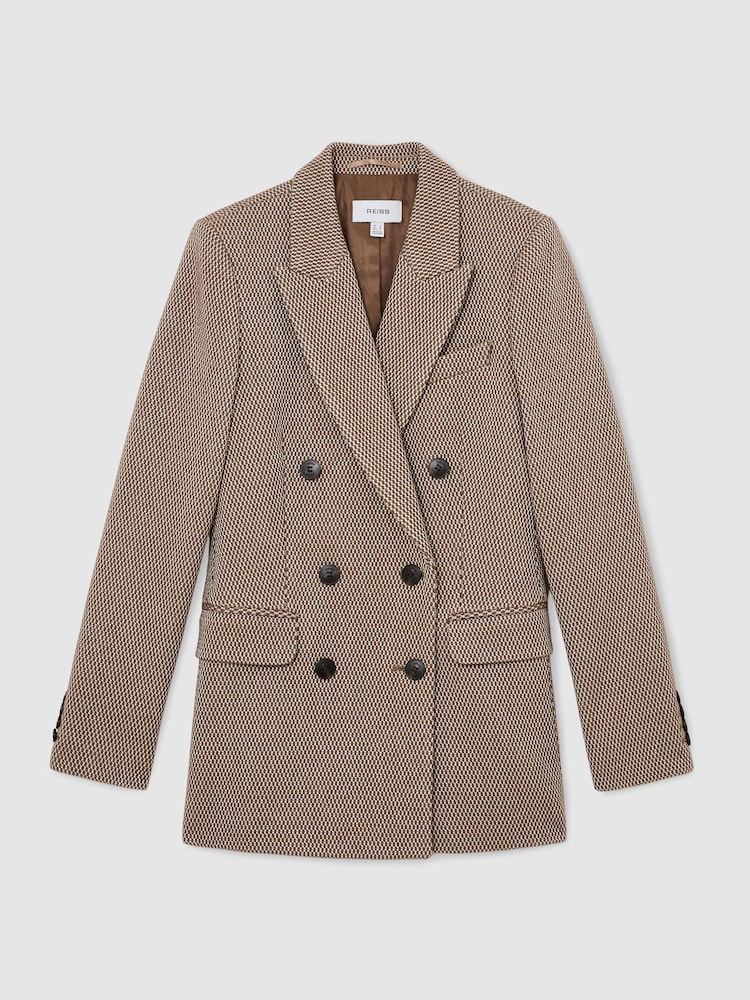 Reiss Taupe Neutral Aubrey Petite Wool-Blend Textured Double-Breasted Blazer - Image 2 of 9