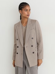 Reiss Taupe Neutral Aubrey Petite Wool-Blend Textured Double-Breasted Blazer - Image 4 of 9