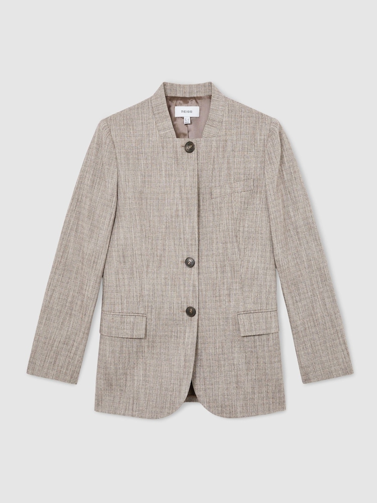Reiss Neutral Check Gia Wool-Blend Check Collarless Blazer - Image 2 of 8 Reiss Neutral Check Gia Wool-Blend Check Collarless Blazer - Image 2 of 8
