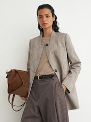 Reiss Neutral Check Gia Wool-Blend Check Collarless Blazer - Image 3 of 8