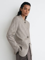 Reiss Neutral Check Gia Wool-Blend Check Collarless Blazer - Image 7 of 8