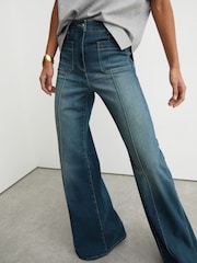 Reiss Mid Blue Sakura Tall Patch-Pocket Flared Jeans - Image 1 of 8