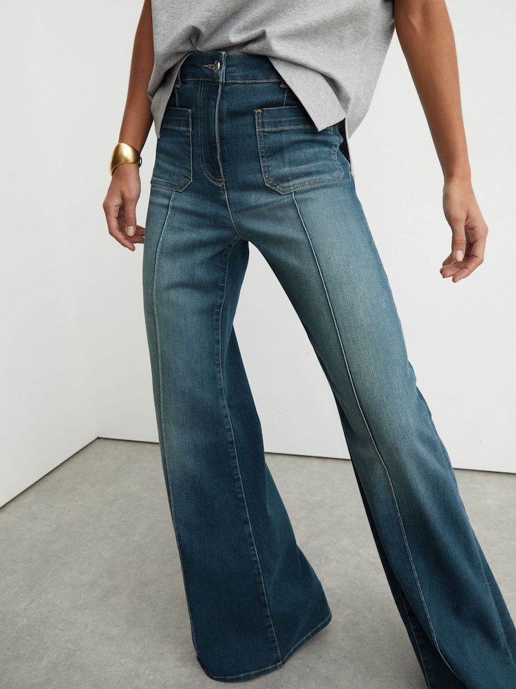 Reiss Mid Blue Sakura Tall Patch-Pocket Flared Jeans - Image 1 of 8