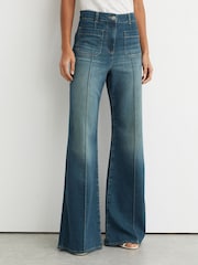 Reiss Mid Blue Sakura Tall Patch-Pocket Flared Jeans - Image 4 of 8