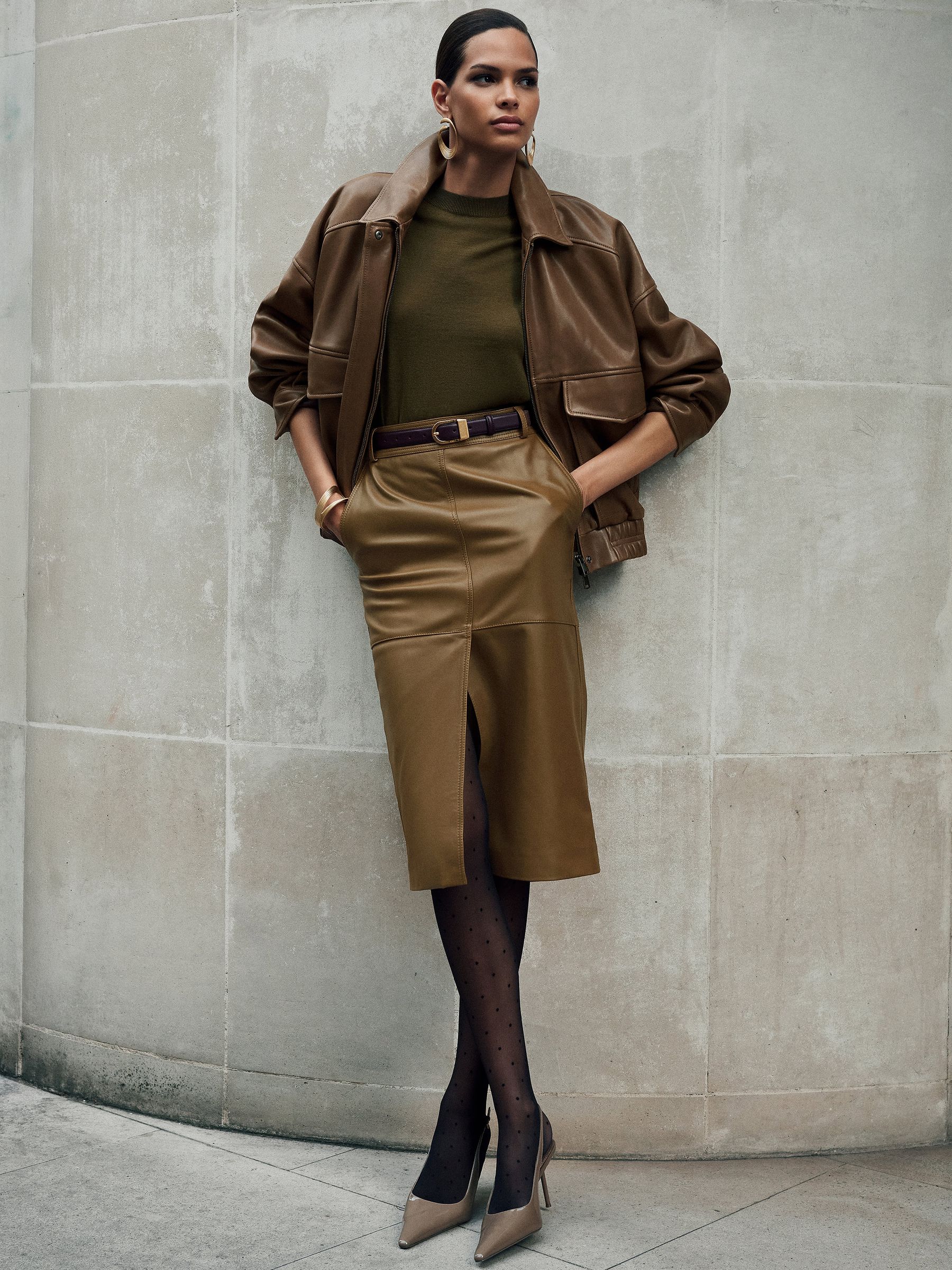 Buy Reiss Khaki Green Milly Leather Midi Pencil Skirt from Next USA