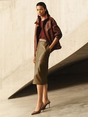 Reiss Khaki Green Milly Leather Midi Pencil Skirt - Image 1 of 8