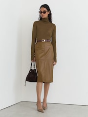 Reiss Khaki Green Milly Leather Midi Pencil Skirt - Image 3 of 8