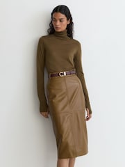 Reiss Khaki Green Milly Leather Midi Pencil Skirt - Image 5 of 8