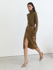 Reiss Khaki Green Milly Leather Midi Pencil Skirt - Image 7 of 8