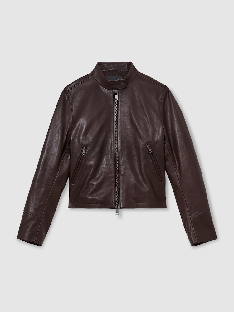 Reiss Burgundy Red Erin Leather Biker Jacket - Image 2 of 7 Reiss Burgundy Red Erin Leather Biker Jacket - Image 2 of 7